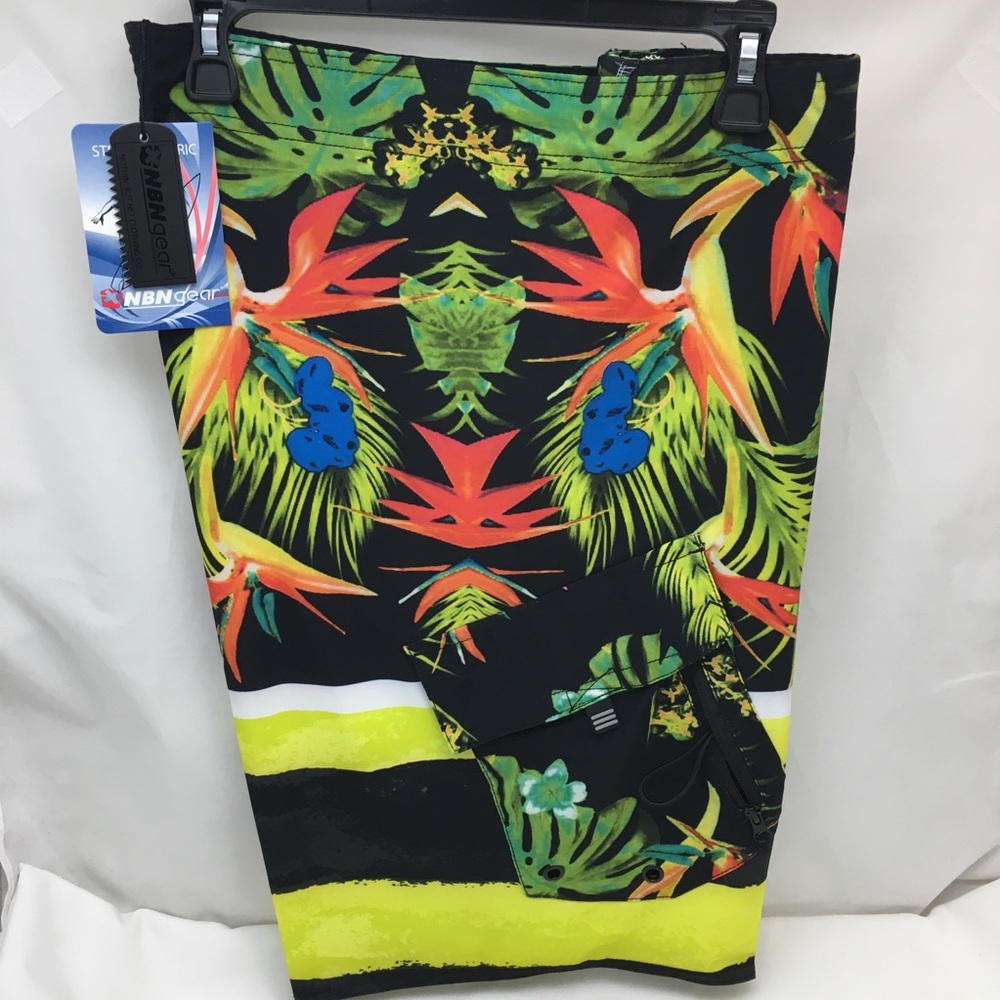NBN Gear Floral Black Green Swim Trunks NWT Sz 38